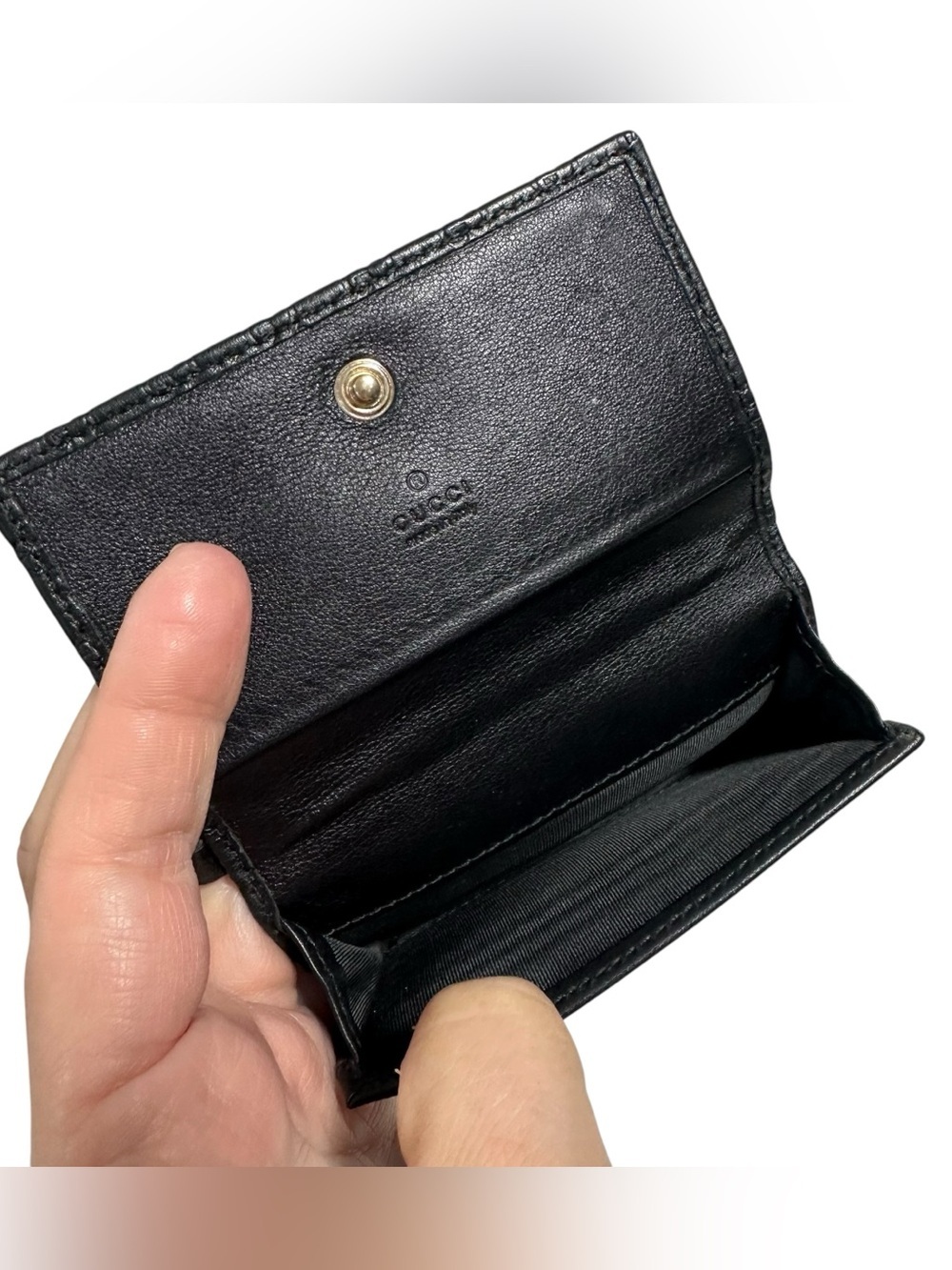 Gucci Black Microguccisima Embossed Monogram Leather & Gold GG Charm Card Holder - Picture 5 of 12